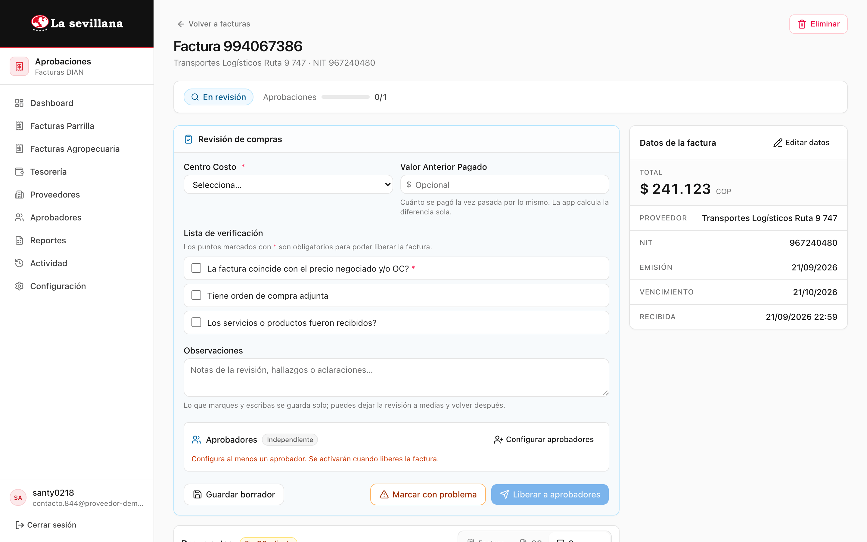 Detalle de una factura con revisión de compras