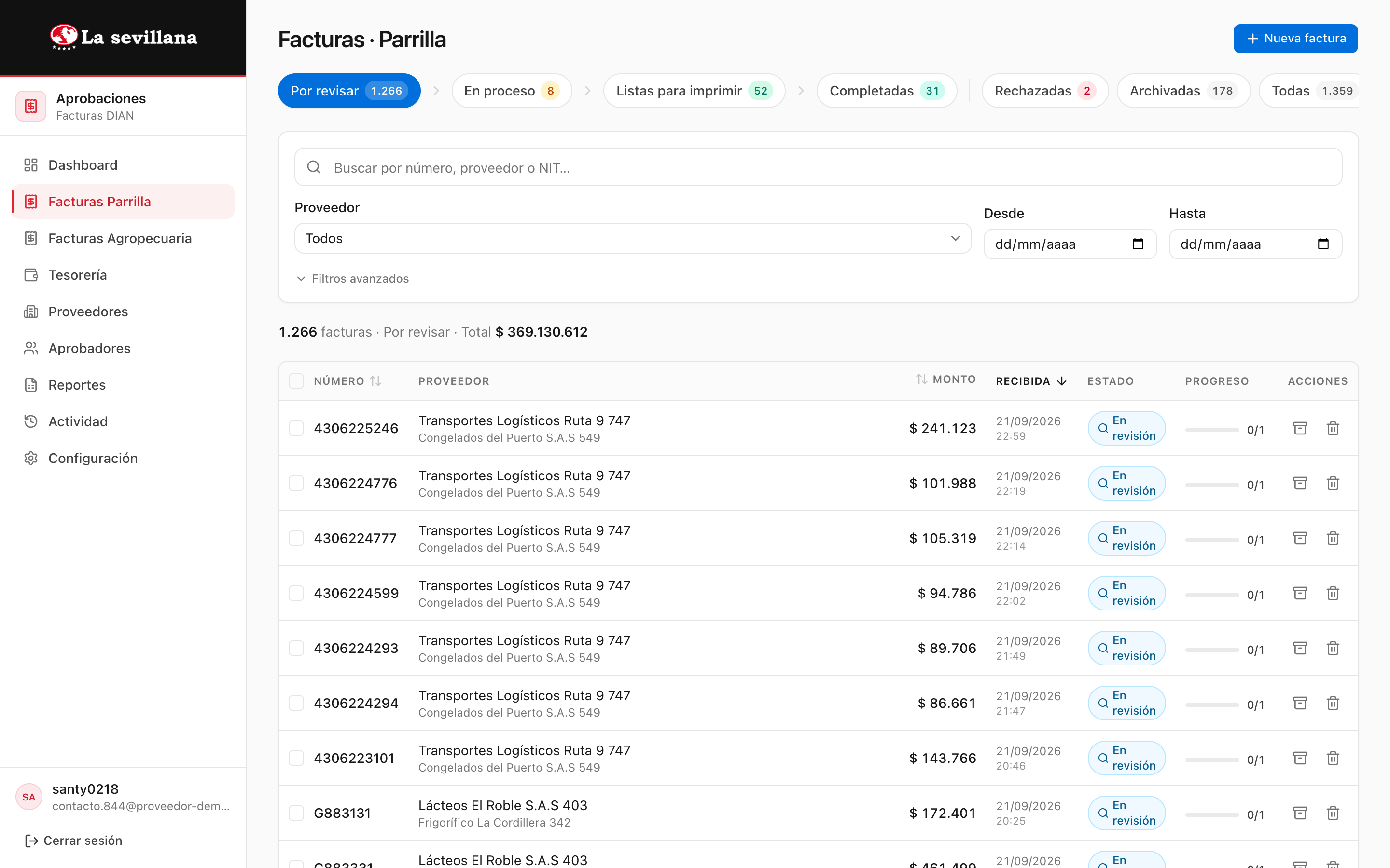 Listado de facturas con filtros y estados