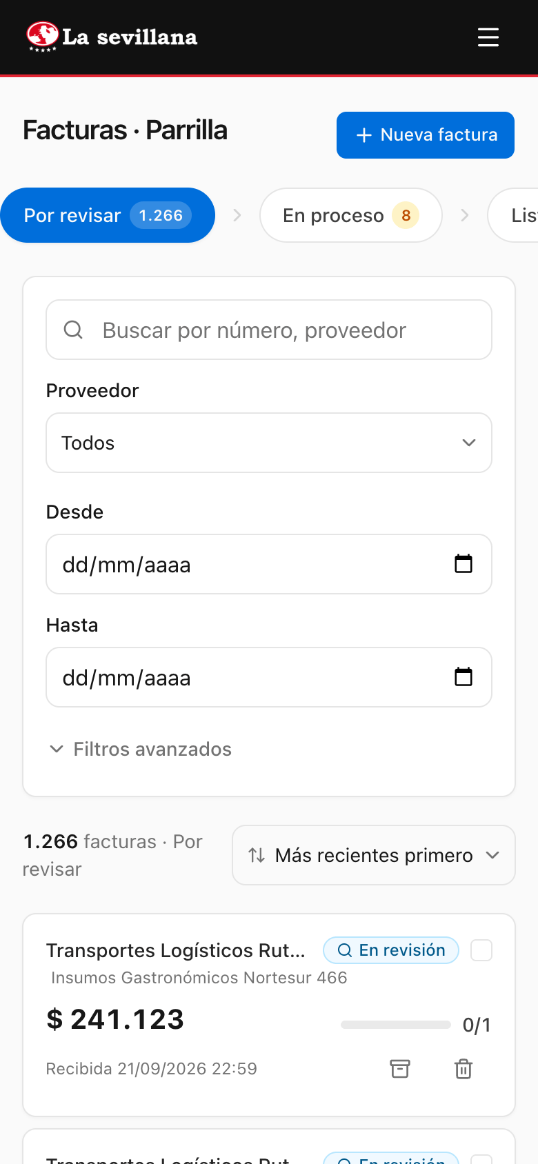 Listado de facturas en el celular